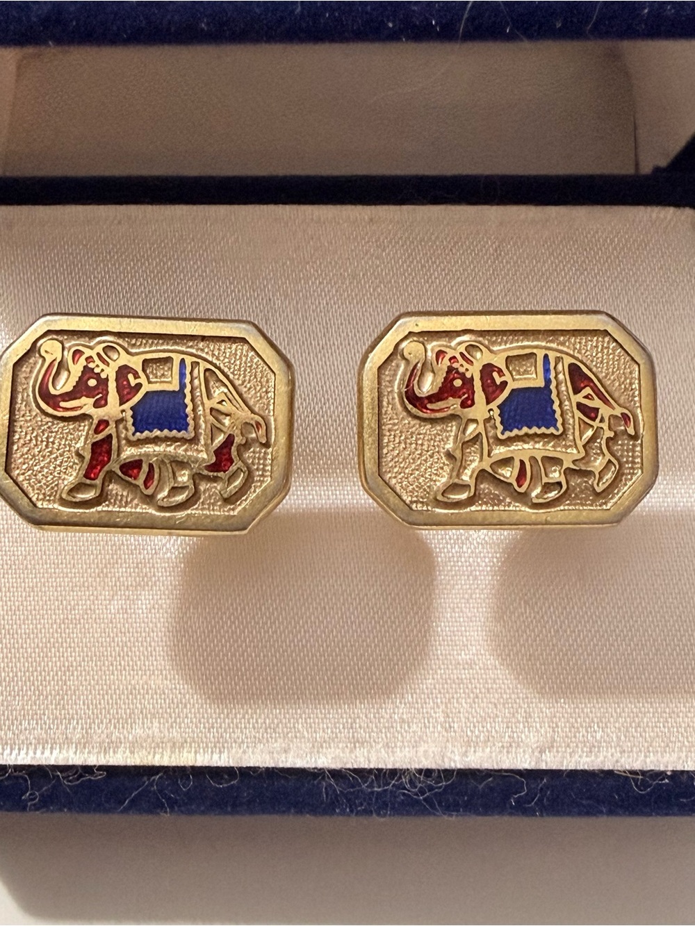 Vintage England Wedgwood Gold-Tone Elephant Cufflinks with Blue and Red Enamel